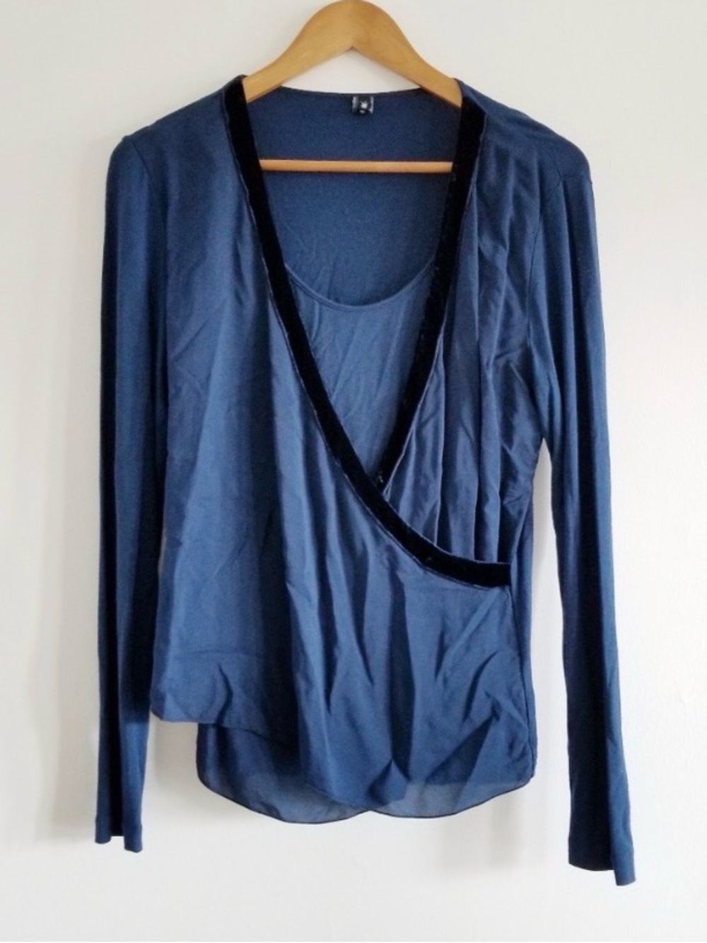 Blue silk accent top.